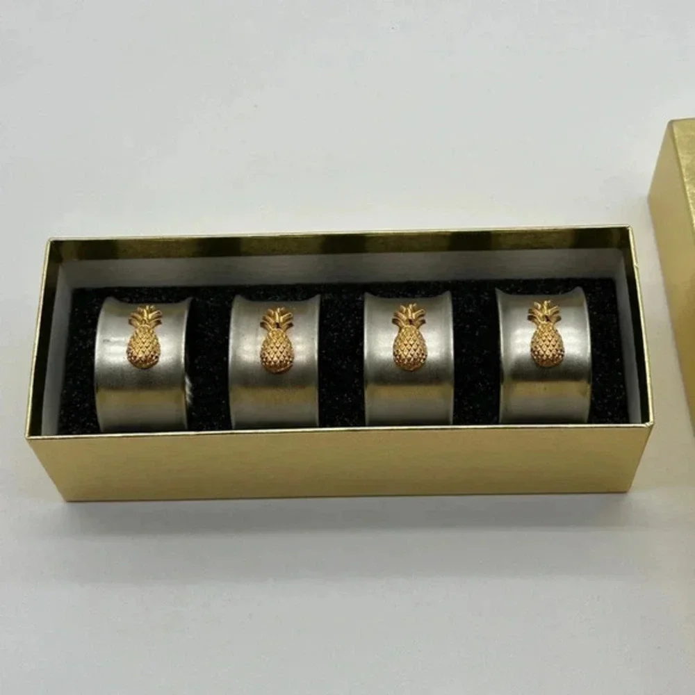 Set‎ of 4 Brass Pineapple Napkin Rings Vintage Hollywood Regency Style